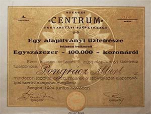 Szegedi Centrum Fogyasztsi Szvetkezet alaptvnyi zletrsz 100000 korona 1924
