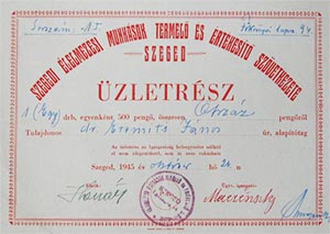 Szegedi lelmezsi Munksok Termel s rtkest  Szvetkezete zletrsz 500 peng 1945 Szeged