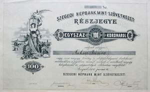 Szegedi Npbank mint Szvetkezet rszjegy 100 korona 1920