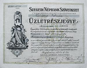 Szegedi Npbank mint Szvetkezet rszjegy 100 korona 1923