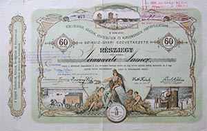 Szegedi Szllodsok, Kvsok, Vendglsk s Korcsmrosok Ipartrsulatnak Szikvz-gyri Szvetkezete rszjegy 60 korona 1896
