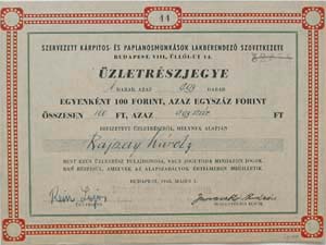 Szervezett Krpitos- s Paplanosmunksok Lakberendez Szvetkezete zletrszjegy 100 forint 1948