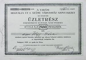 Tabni Hegyalja t 5. Szm Trsashz Szvetkezet zletrsz 10x50 500 peng 1929