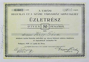 Tabni Hegyalja t 5. Szm Trsashz Szvetkezet zletrsz 50 peng 1929