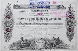 Tiszavidki Mezgazdk Szvetkezete Debreczenben rszjegy 100 korona 1905 Debrecen