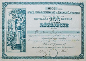 Vczi Gymlcsrtkest s Szeszfz Szvetkezet rszjegy  100 korona 1917 Vc