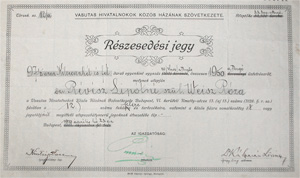 Vasutas Hivatalnokok Kzs Hznak Szvetkezete rszesedsi jegy 100 korona 1912