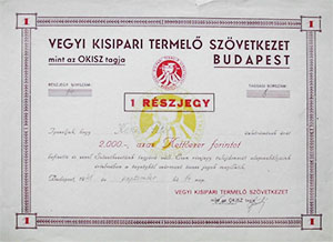 Vegyi Kisipari Termel Szvetkezet rszjegy 2000 forint 1948