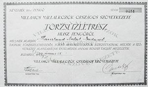 Villamos Vllalkozk Orszgos Szvetkezete trzszletrsz 20 peng 1929