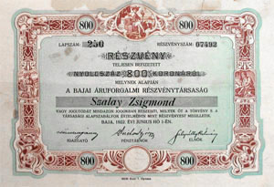 Bajai ruforgalmi Rszvnytrsasg rszvny 800 korona 1922 Baja