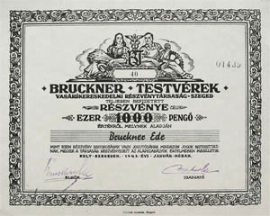 Bruckner Testvrek Vasrukereskedelmi Rszvnytrsasg  Szeged 1000 peng 1943