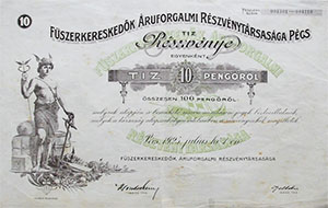 Fszerkereskedk ruforgalmi Rszvnytrsasg Pcs rszvny 10x10 pengo 1925