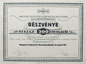 Magyar Industria Kereskedelmi s Ipari Rszvnytrsasg rszvny 500 korona 1921