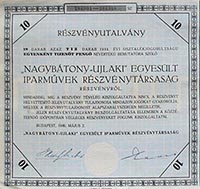 Nagybtony-jlaki Egyeslt Iparmvek Rszvnytrsasg rszvnyutalvny 10x15 150 peng 1946