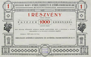 Orszgos Vasti Gymlcsrust s Gymlcskereskedelmi Rszvnytrsasg rszvny 1000 korona 1922