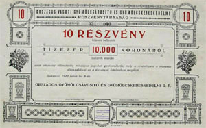Orszgos Vasti Gymlcsrust s Gymlcskereskedelmi Rszvnytrsasg rszvny 10x1000 korona 1922