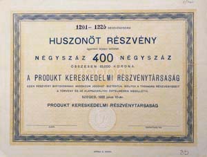 Produkt Kereskedelmi Rszvnytrsasg rszvny 400 korona 1922 Szeged
