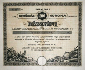 Slyom Vadszfelszerelsi, Sportcikkek s Vadkereskedelmi Rszvnytrsasg rszvny 200 korona 1920