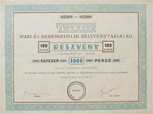 Tellur Ipari s Kereskedelmi Rszvnytrsasg rszvny 100x10 peng 1931