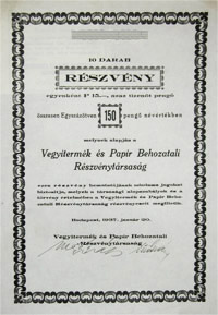 Vegyitermk s Papr Behozatali Rszvnytrsasg rszvny 10x15 150 peng 1937
