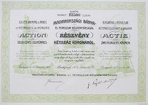 Magyarorszgi Bnya s Petroleum Rszvnytrsasg rszvny 200 korona 1905