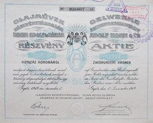 Olajmvek Rszvnytrsasg Kohn Adolf s Trsa 200 korona 1919 Gyr