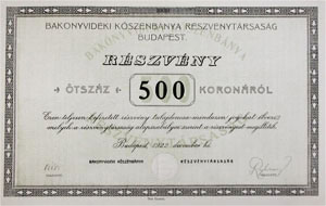 Bakonyvidki Ksznbnya Rszvnytrsasg rszvny 500 korona 1922
