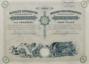 Borsodi Sznbnyk Rszvnytrsasg rszvny 10 peng 1926