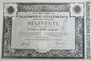 Fejrmegyei Ksznbnya Rszvnytrsasg rszvny 100x200 20000 korona 1923