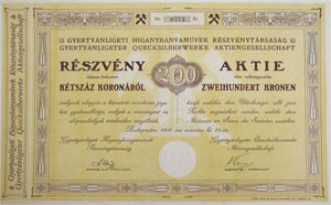 Gyertynligeti Higanybnyamvek Rszvnytrsasg rszvny 200 korona 1906