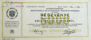 Gyngysvrosi Szntermel s rtkest Rszvnytrsasg rszvny 5x1000 5000 korona 1923 Gyngys