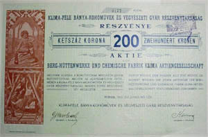 Klima-fle Bnya-Kohmvek s Vegyszeti Gyr Rszvnytrsasg rszvny 200 korona 1911 Pernek