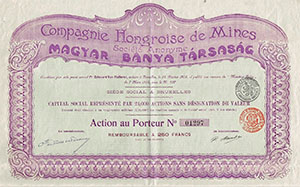 Magyar Bnya Trsasg rszvny 250 frank 1903 Brsszel