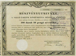 Salg-Tarjni Ksznbnya Rszvny-Trsulat rszvnyutalvny 100x30 peng 1946