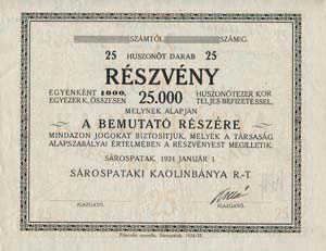 Srospataki Kaolinbnya Rszvnytrsasg rszvny 25x1000 25000 korona 1924