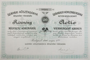 Szpri Ksznbnya Rszvnytrsasg rszvny 400 korona 1910