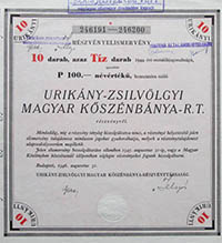 Urikny-Zsilvlgyi Magyar Ksznbnya Rszvnytrsasg rszvnyelismervny 10x10 100 peng 1946