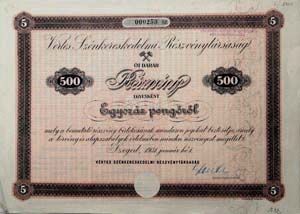 Vrtes Sznkereskedelmi Rszvnytrsasg rszvny 5x100 500 peng 1931 Szeged
