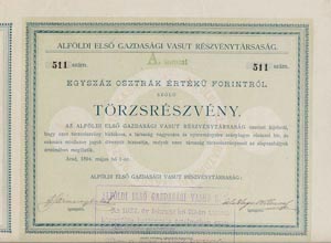 Alfldi Els Gazdasgi Vast Rszvnytrsasg rszvny 100 forint 1894 Arad