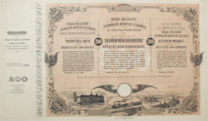 Baja-Bezdn-Zombor-Apatin-Szondi Helyi rdek Vast Rszvnytrsasg elsbbsgi rszvny 200 korona 1912