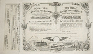 Baja-Bezdn-Zombor-Apatin-Szondi Helyi rdek Vast Rszvnytrsasg trzsrszvny 200 korona 1912