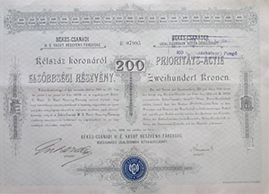 Bks-Csandi Helyi rdek Vast Rszvnytrsasg elsbbsgi rszvny 200 korona 1893