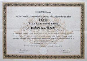 Bodrogkzi Gazdasgi Vast Rszvnytrsasg 100 korona 1912