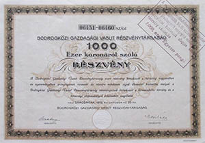 Bodrogkzi Gazdasgi Vast Rszvnytrsasg 1000 korona 1912