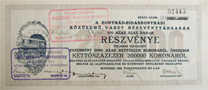 Bonyhd-Hidasbonyhdi Kzzemi Vast Rszvnytrsasg rszvny 100x200 200000 korona 1923