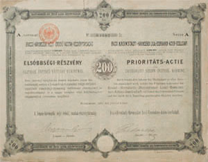 Brass-Hromszki Helyi rdek Vasutak Rszvnytrsasg elsbbsgi rszvny 200 forint 1890