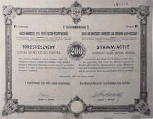 Brass-Hromszki Helyi rdek Vasutak Rszvnytrsasg trzsrszvny 200 forint 1890