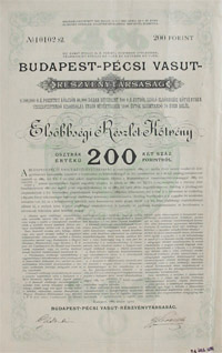 Budapesti-Pcsi Vast Rszvnytrsasg ktvny 200 forint 1889
