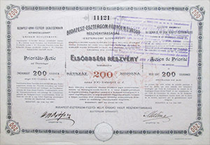 Budapest-Esztergom-Fziti Helyi rdek Vast Rszvnytrsasg elsbbsgi rszvny 200 korona 1897