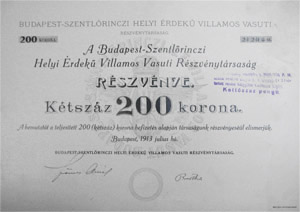 Budapest-Szentlrinci Helyi rdek Villamos Vasti  Rszvnytrsasg rszvny 200 korona 1913